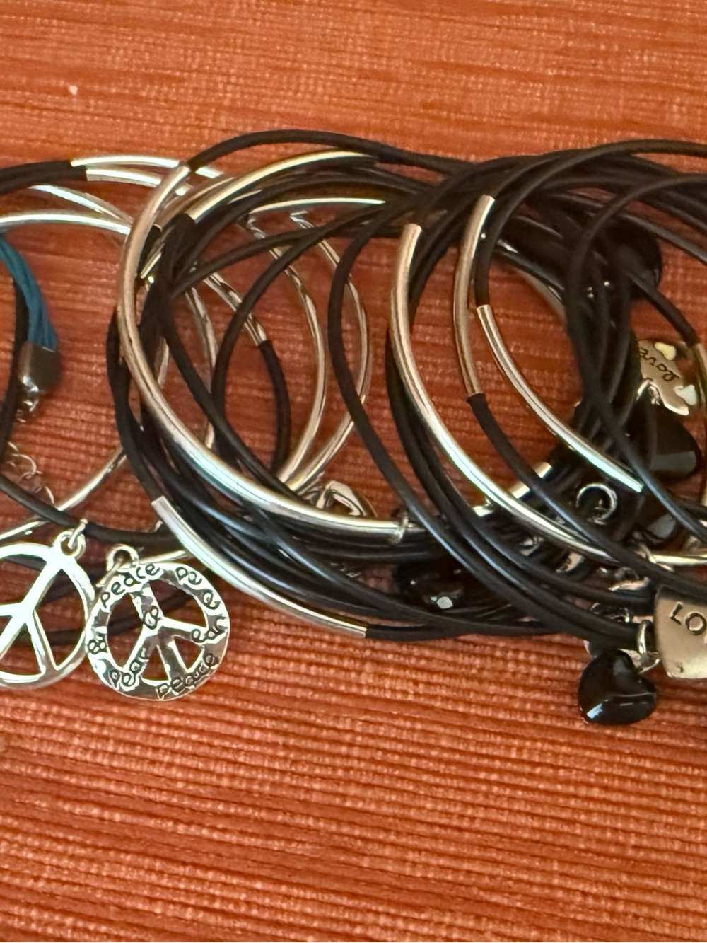 Lot of 22 Peace Love Hope Faith Charm Bracelets Mixed Styles Rubber Cord